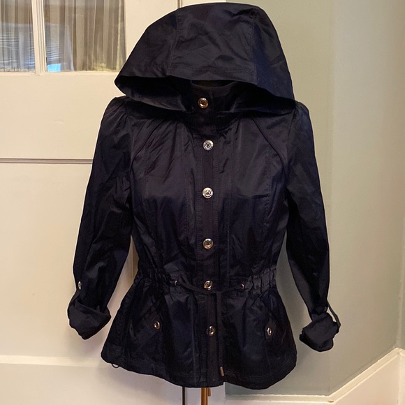 White House Black Market Jackets & Blazers - NWOT WHBM Navy Blue Button Up Button Cuff Button Hood Lightweight Rain Jacket